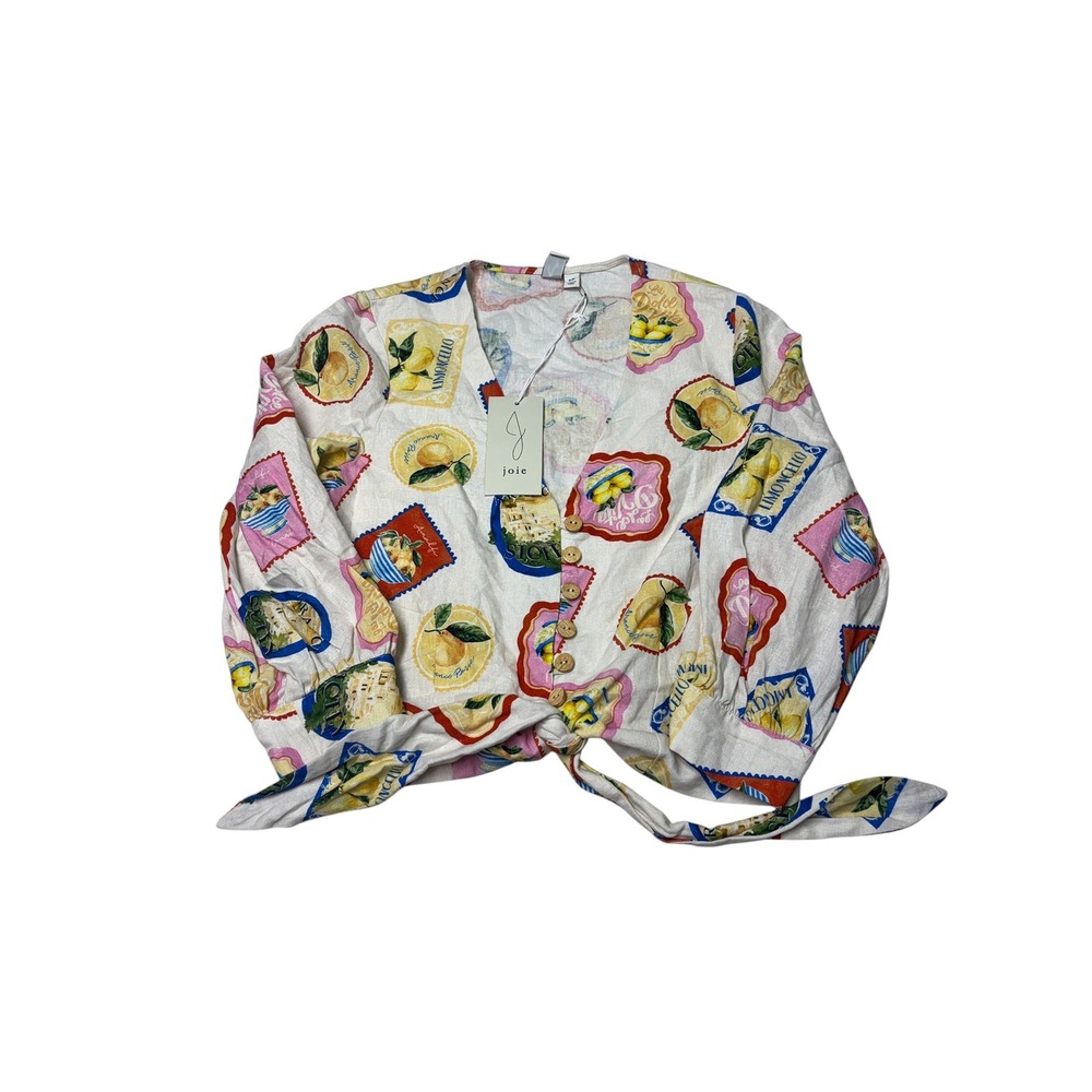 NWT Joie Amalfi Coast Lemon Postcard Print Linen Blend Tie Front Crop Womens S